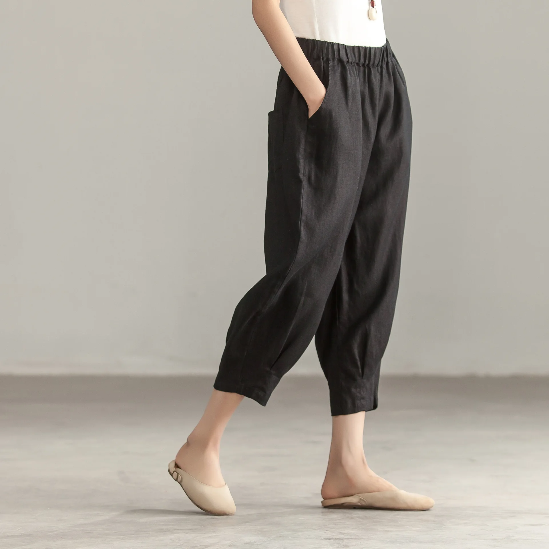 Women Summer Elastic Waist Linen Pants Ladies Calf Length Solid Color