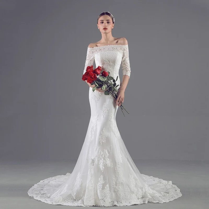 Элегантный с плеча лодка средства ухода за кожей шеи кружево Vestido De Novia Boda