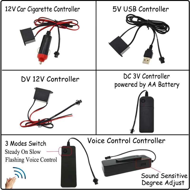 EL Wire 1 м светящиеся полосы неоновый светодиодный светильник+ контроллер+ инвертор 3 В/12 В/звуковая активация/USB/Автомобильная сигарета