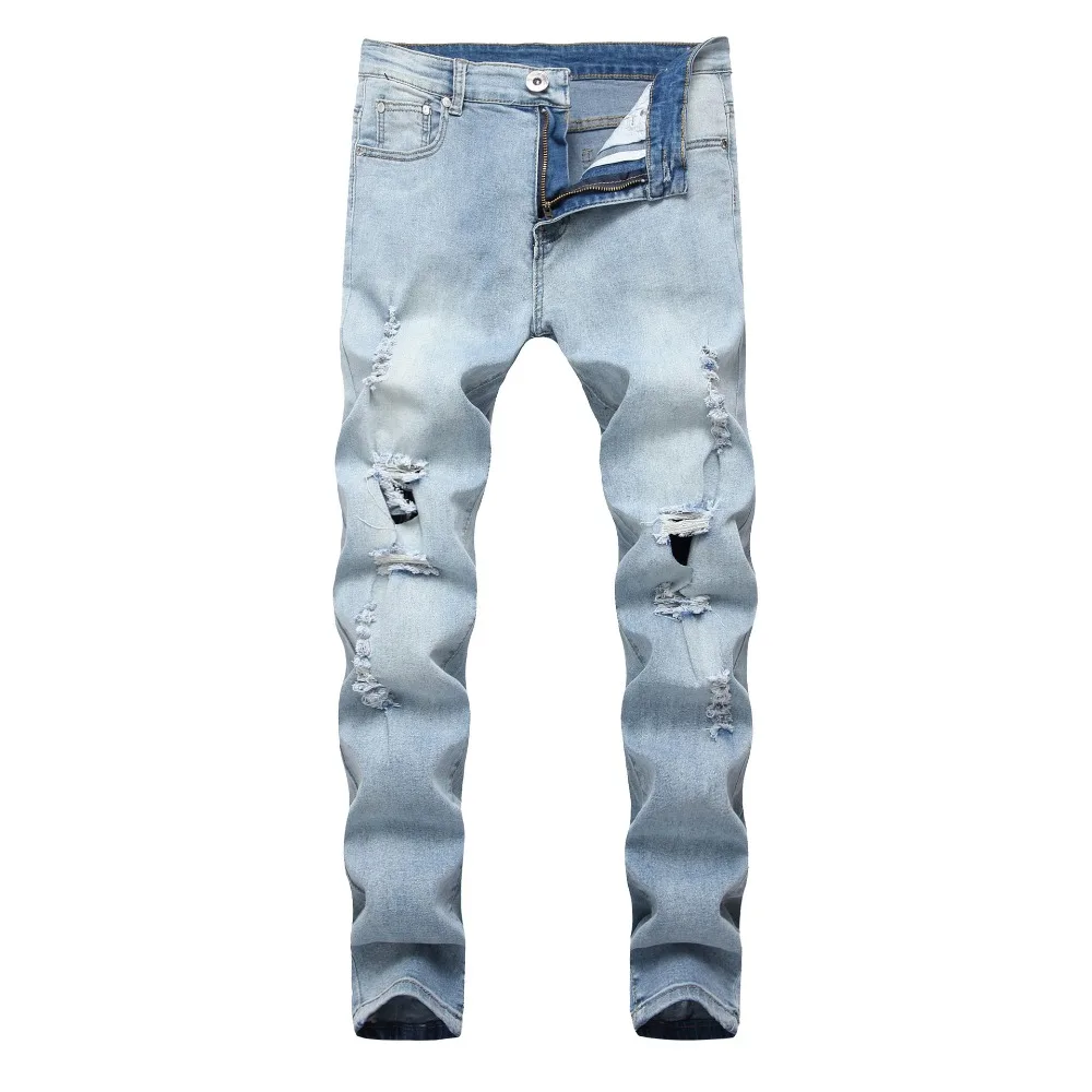 

Fashion 2019 spring autumn straight hip hop denim skinny men jeans homme Distressed Ripped hole vintage cargo work trousers