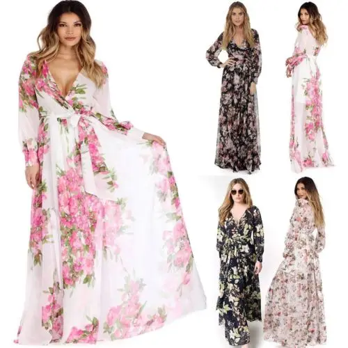 

Women Ladies Summer Boho Long Sleeve V-Neck Maxi Dress Party Beach Chiffon Floral Sundress Women Summer Clothing