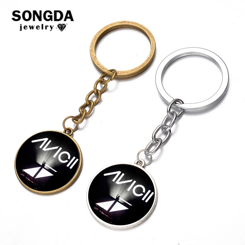 

SONGDA DJ Avicii Keychain Minimalism Avicii 3D Print Logo Glass Dome Key Ring Punk Black Charm Keyring Porte Clef for Music Fans