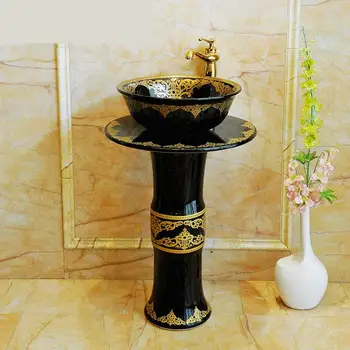 

Black with gold pattern Pedestal Basin Type Euclidean Ceramic Pedestal WashbasinVertical Washing Basin Integral Basin
