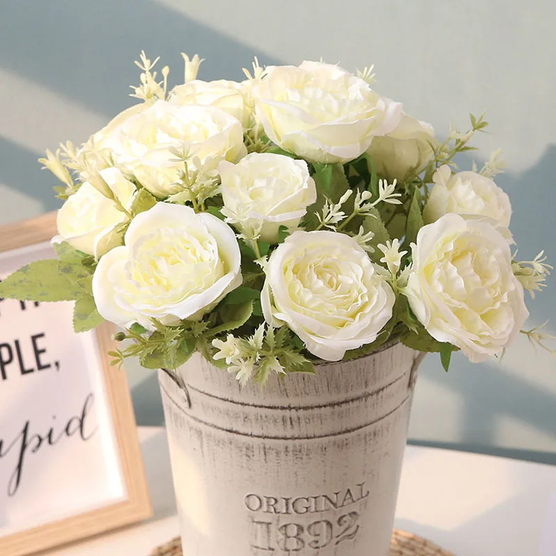 Flone High Quality Silk 12 Head Rose Bouquet Fake Flowers Artificial Flowers Tea Rose Wedding Living Room Decoration Accessories (9)