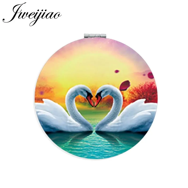 

JWEIJIAO Swan For LOVERS Pocket Mirror Round Mini Folding Compact Portable 1X/2X Magnifying Makeup Mirror PU Leather