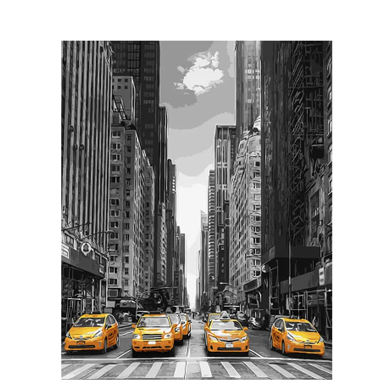

New Arrive DIY Painting By Numbers Uncolored City Building Yellow Car Oil Picture