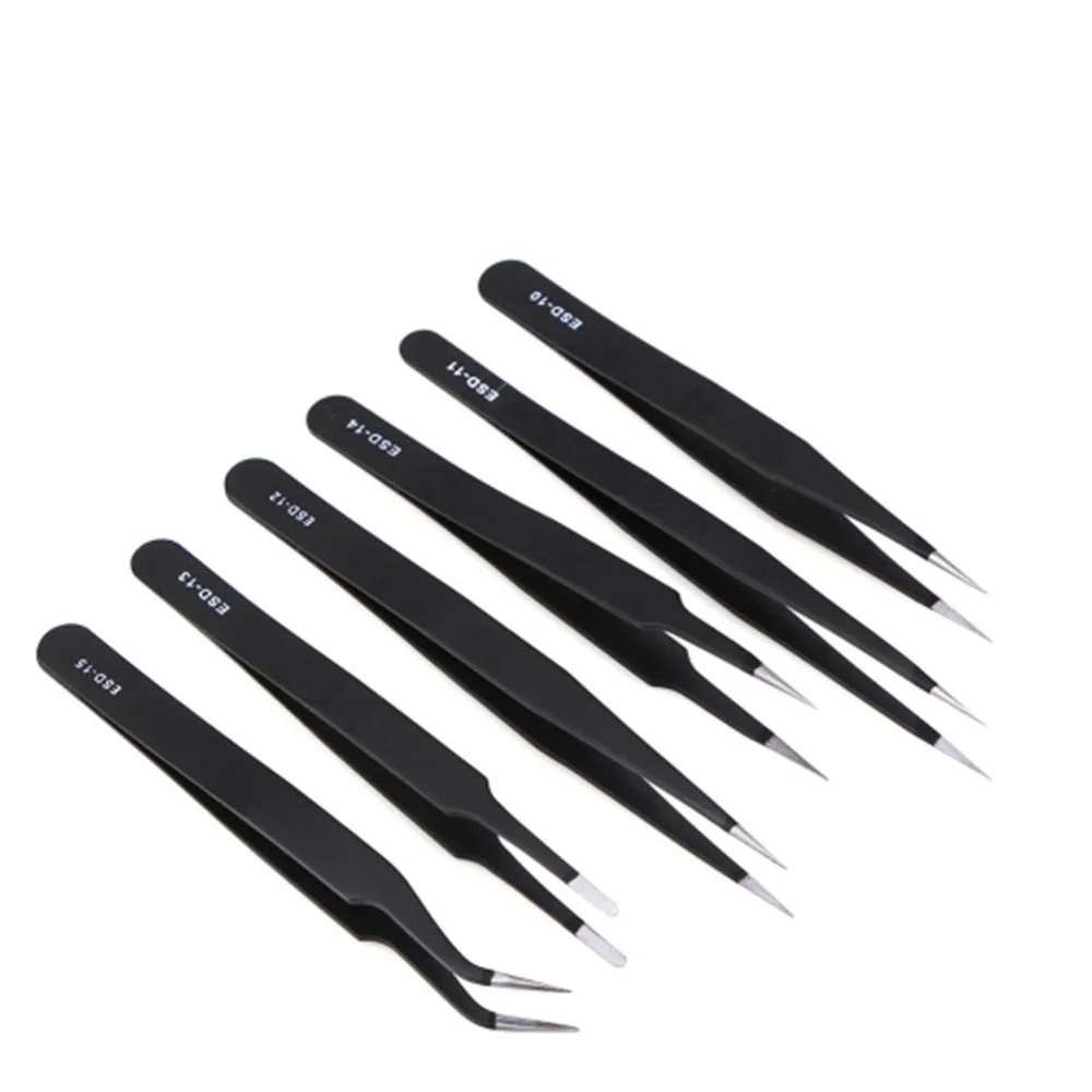 6pcs/Lot Flat Head Precision Electronic Components Stainless Steel Anti-static Tweezers Maintenance Repair Tool Kits Tweezer Set