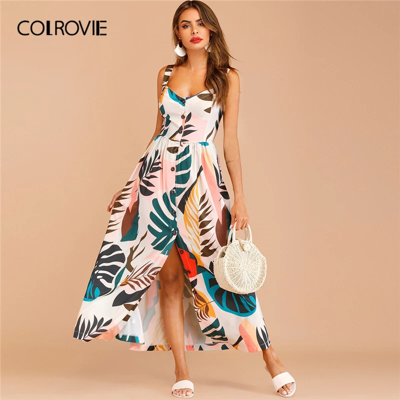 

COLROVIE Straps Button Through Tropical Print Cami Boho Maxi Dress Women 2019 Summer High Waist Holiday Shift Ladies Dresses