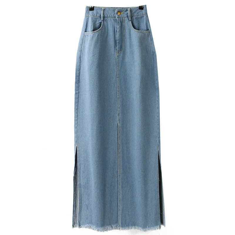 Женская джинсовая юбка, новинка, летняя мода, популярная, необработанная кромка, с разрезом, тонкая, дикая, длинная, джинсовая юбка для женщин, s62
