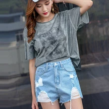 Повседневные джинсовые шорты с несколькими отверстиями, хлопок, высокая талия, модные женские шорты с карманами на пуговицах, летние сексуальные джинсовые шорты с поясом