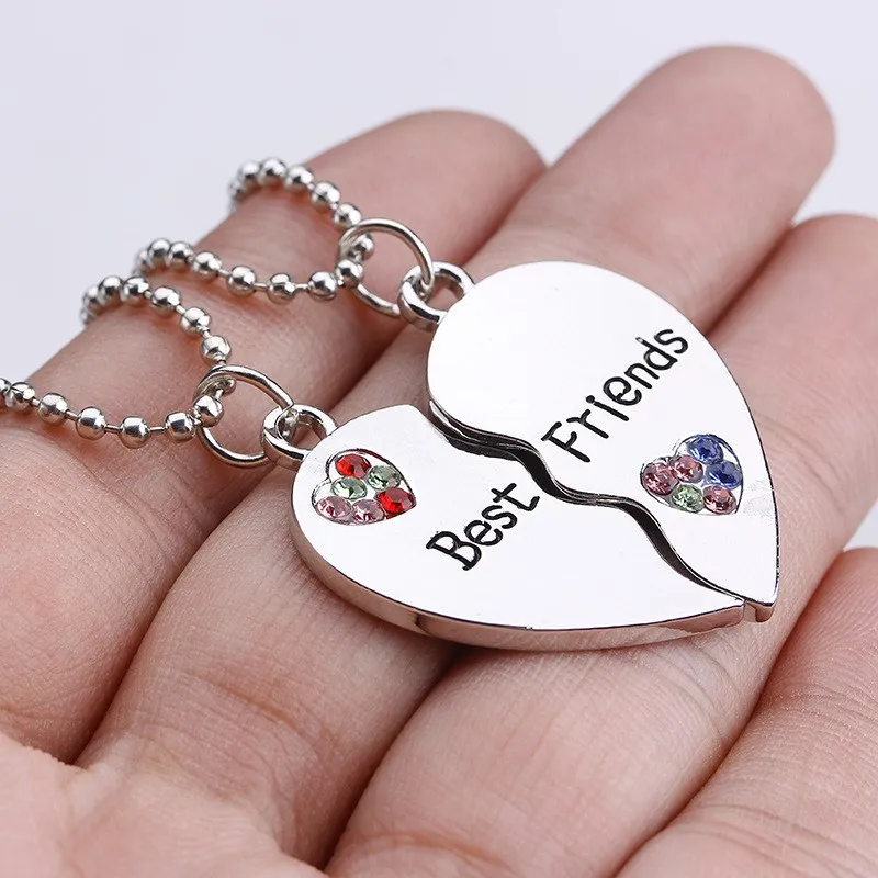 

2PCs/Set Fashion Half Heart Rhinestone BEST FRIENDS Pendant Long Necklace Fashion Jewelry Women Girl Friends