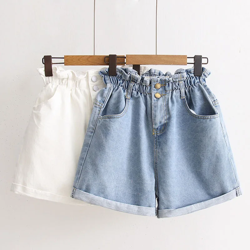 

2019 Summer Casual Women Jeans Shorts Korean Preppy High Waist Plus Size Blue Denim Shorts Harajuku Edge Curl White Hot Shorts