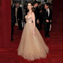 Robe De Soiree 2017 Roter Teppich-berühmtheit Kleider Gold Pailletten Tüll Mit Perlen Lange Abendkleider Oscar Abendkleider