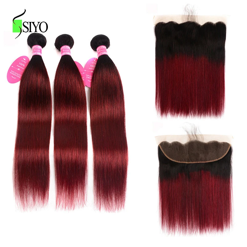

SIYO Ombre Human Hair Malaysian Straight Hair 3 Bundles With Frontal Closure Free Part 1B/99j Lace Frontal With Bundles Remy