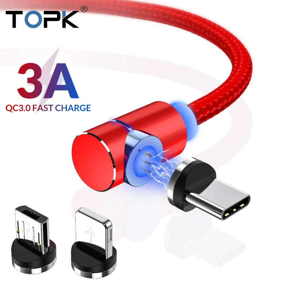 TOPK 3A Магнитный USB кабель 90 градусов Micro USB кабель Быстрая зарядка usb type C кабель для iPhone samsung Xiaomi huawei USB-C
