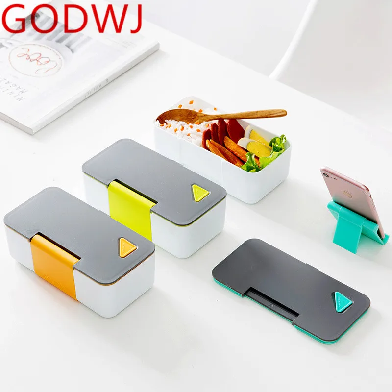 

GODWJ Creative Japanese Bento Box Rectangle Lunch Box With Phone Holder Microwaveable Plastic Fruit Food Container Lunch Box