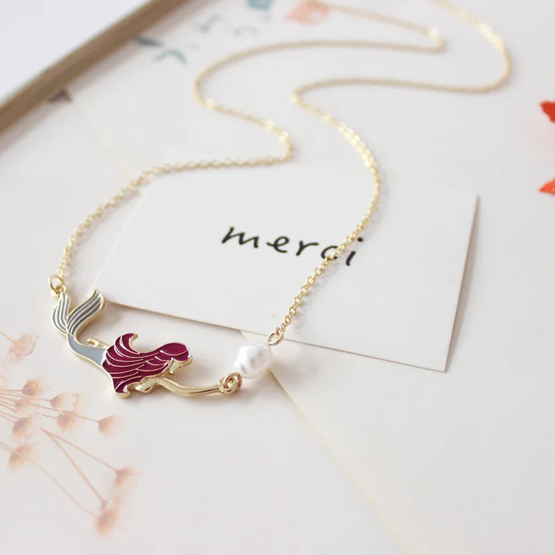 

Japanese Style Gold Color Fashion Jewelry Enamel Metal Imitated Pearl Mermaid Pendant Necklace For Chirldren Student Girls Gift