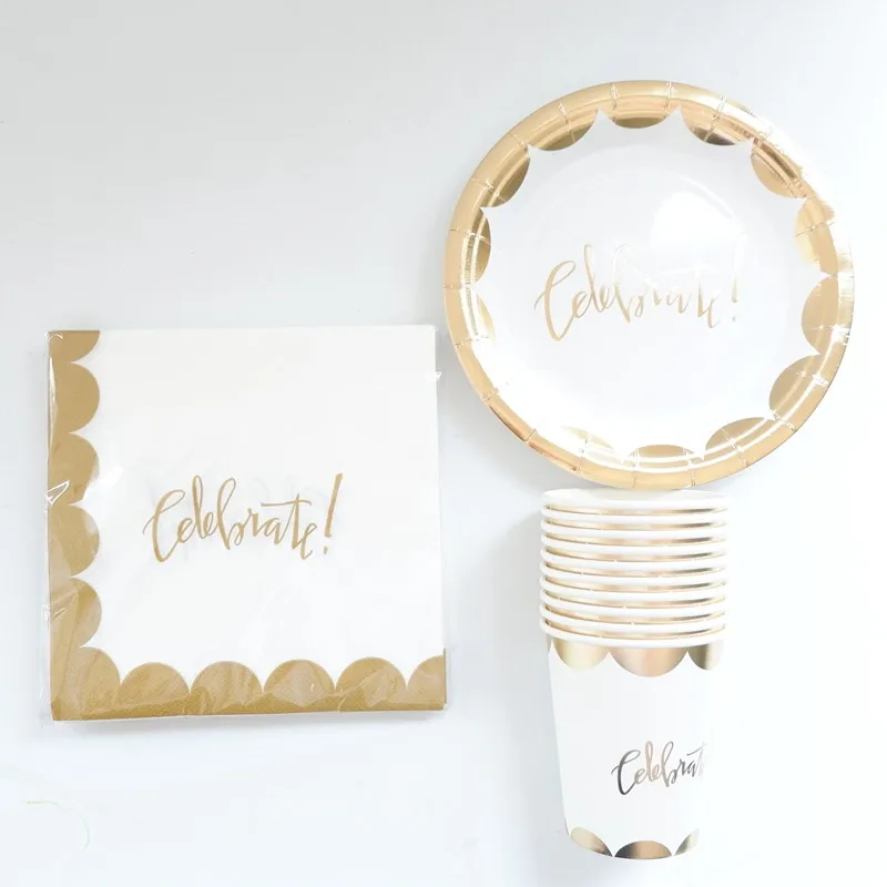 

60pcs Gold Foil Disposable Party Tableware Sets Paper Plates Cups Napkins for Birthday Bridal Shower Children Party Decoration