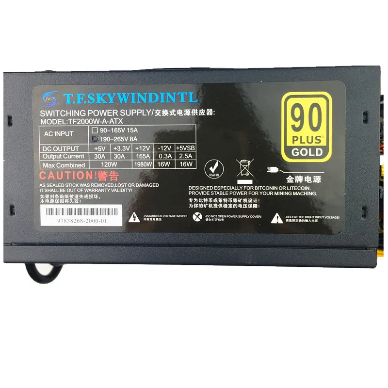 T. f. SKYWINDINTL 2000 واط Bitcoin التعدين PSU PC امدادات الطاقة الكمبيوتر تلاعب التعدين 8 GPU ATX Ethereum عملة 12 فولت 4 دبوس امدادات الطاقة