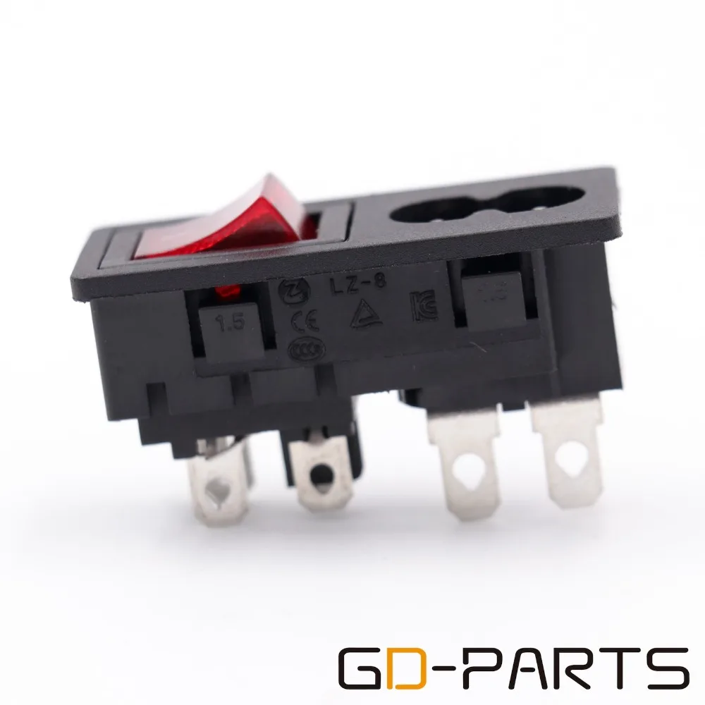 GD-PARTS IEC320 C8 разъем питания переменного тока Входная розетка с красным светильник на Выкл кулисный переключатель CCC CE TUV KC AC 250V 2.5A x10