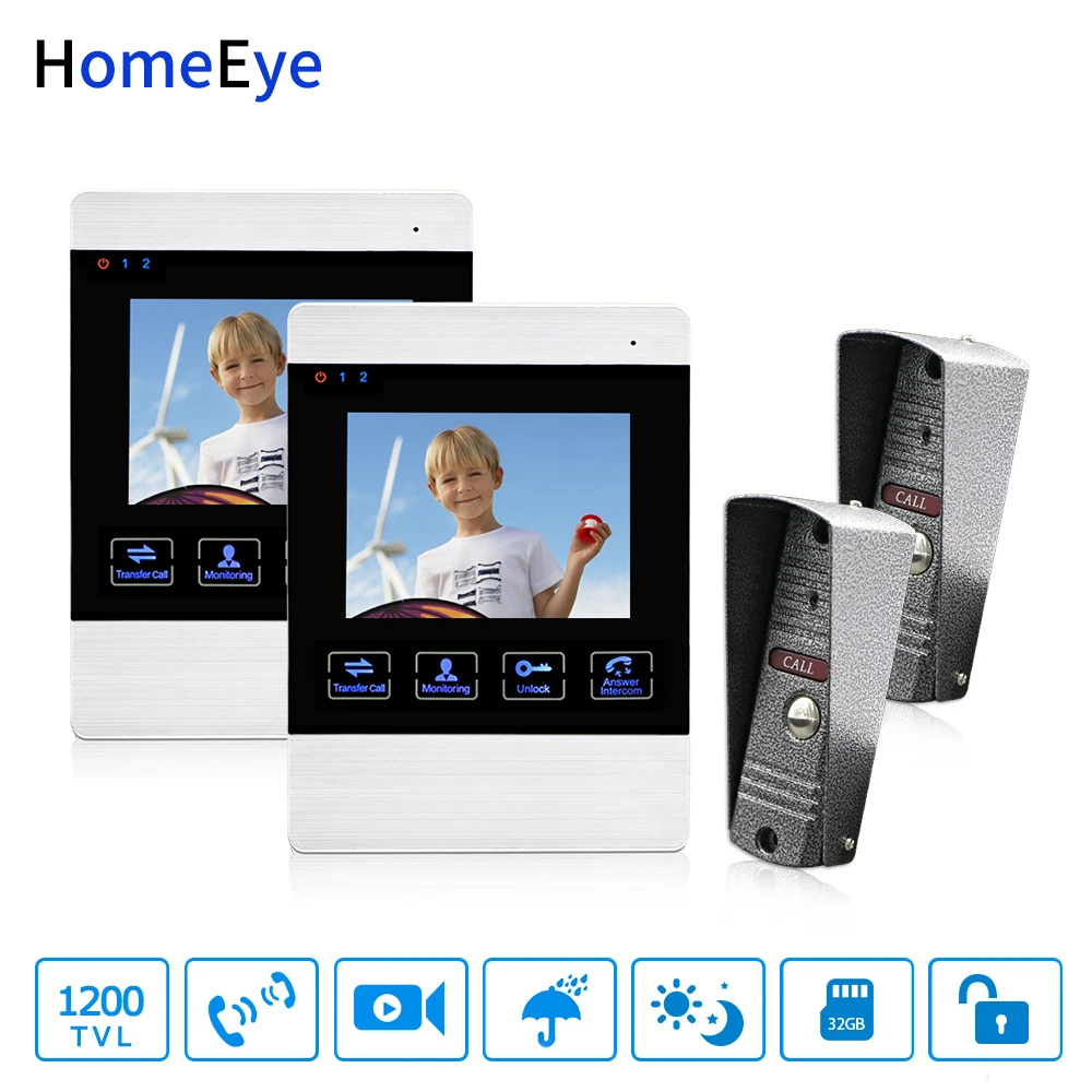 HomeEye 4-Wired 2-2 Система доступа видео дверной телефон видеодомофон сенсорная кнопка дверной Звонок камера 4-дюймовый монитор видео запись OSD