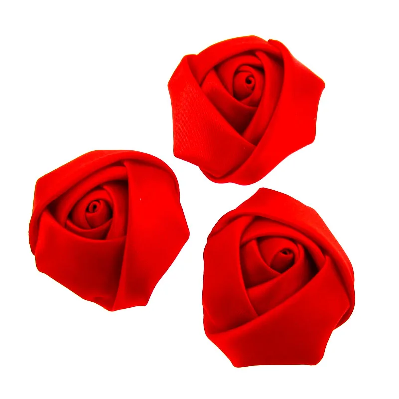 12Pcs Red Satin Rose Flowers Stain Rolled Rosettes For Appliques Craft