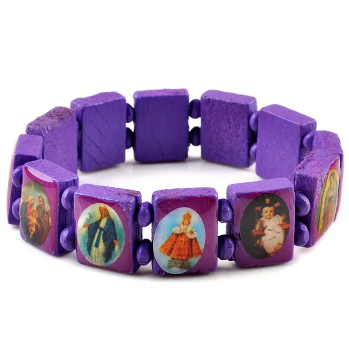 Религиозные деревянные католические иконы, браслет унисекс, модный деревянный браслет Paryer, очаровательные ювелирные изделия, 7 цветов - Окраска металла: light purple