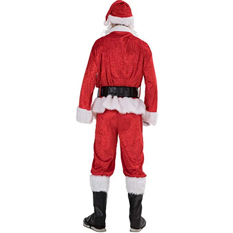 7 шт. костюм Санта-Клауса Рождественская шапка Санта-Клауса, костюм для костюмированной вечеринки, шапка+ борода+ топ+ штаны+ ремень+ перчатки+ кожаные ботинки