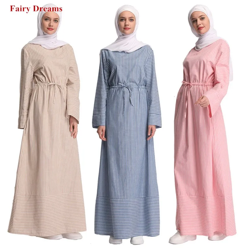 

Women Muslim Abaya Turkey Bangladesh Islamic Clothes Blue Pink Beige Striped Kaftan Dubai Caftan Robe Bandage Maxi Hijab Dress