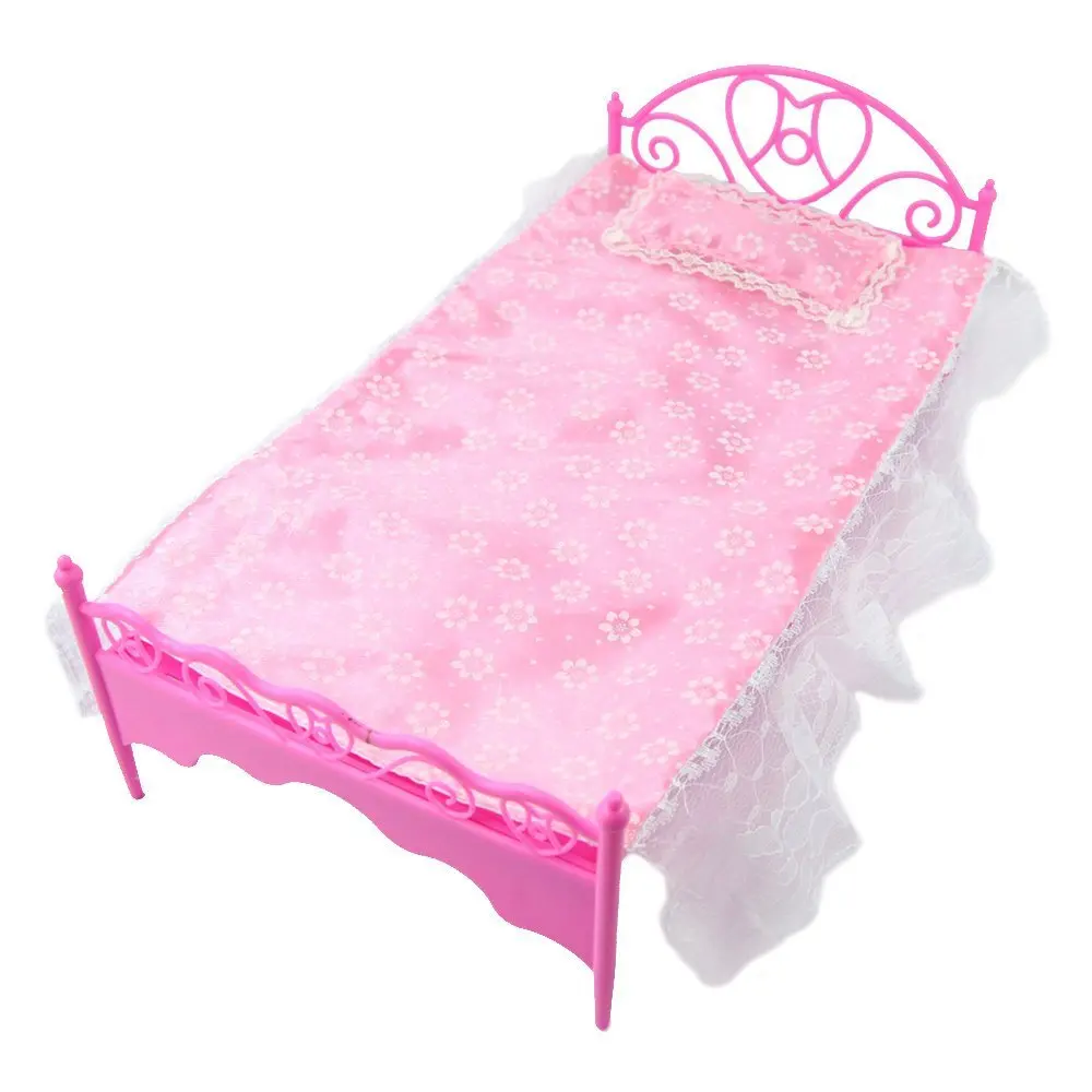 LeadingStar Pink Mini Bed With Pillow for Barbies Dolls Dollhouse