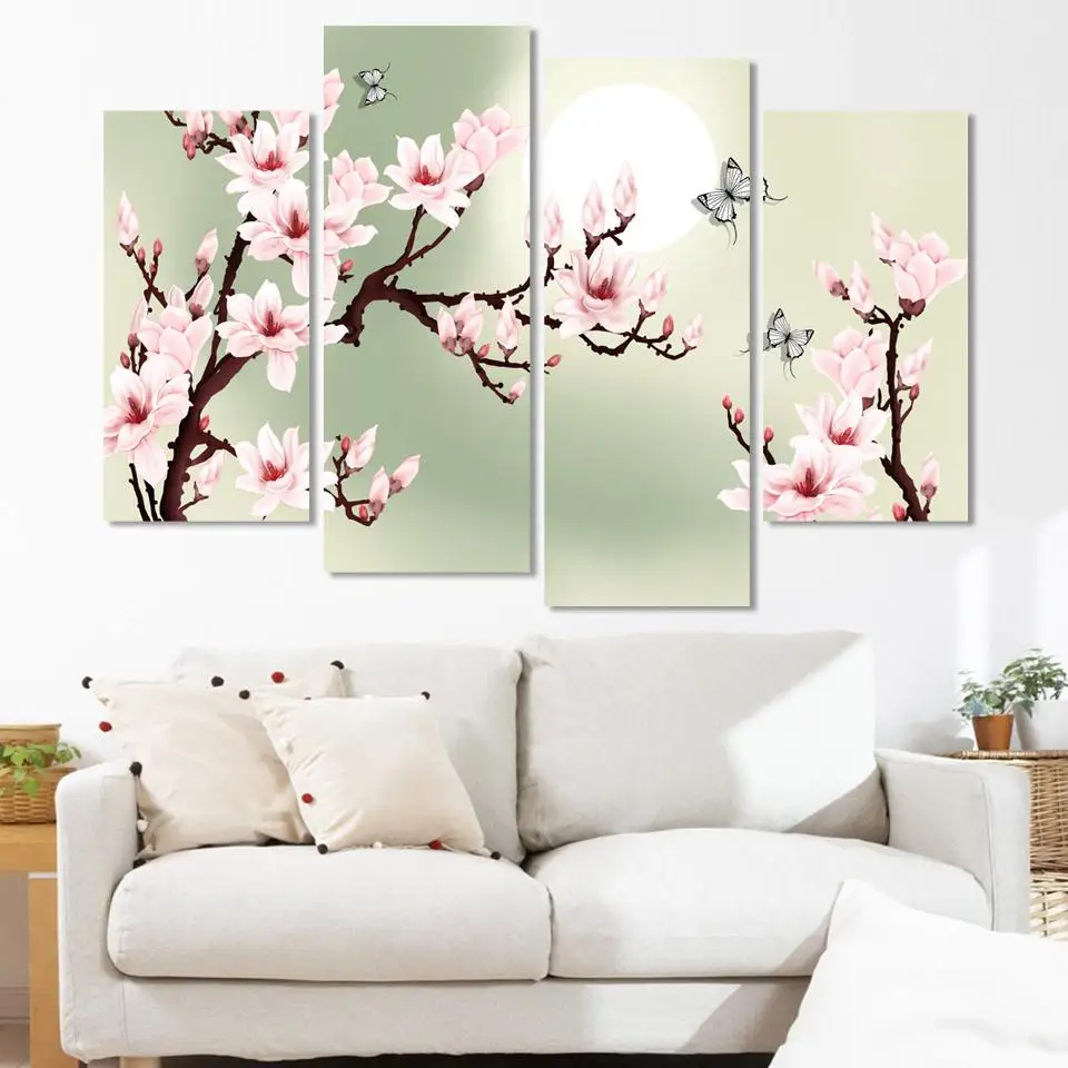 4 Piece Canvas Art Green Pink Canvas Print Painting Home Decor Wall Art Picture For Living Room