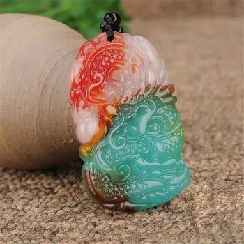 

New Design Xinjiang Seven Color Natural Jadeite Chicken Blood Onyx Flowering Dragon Pendant Necklaces for Women and Men Dropship