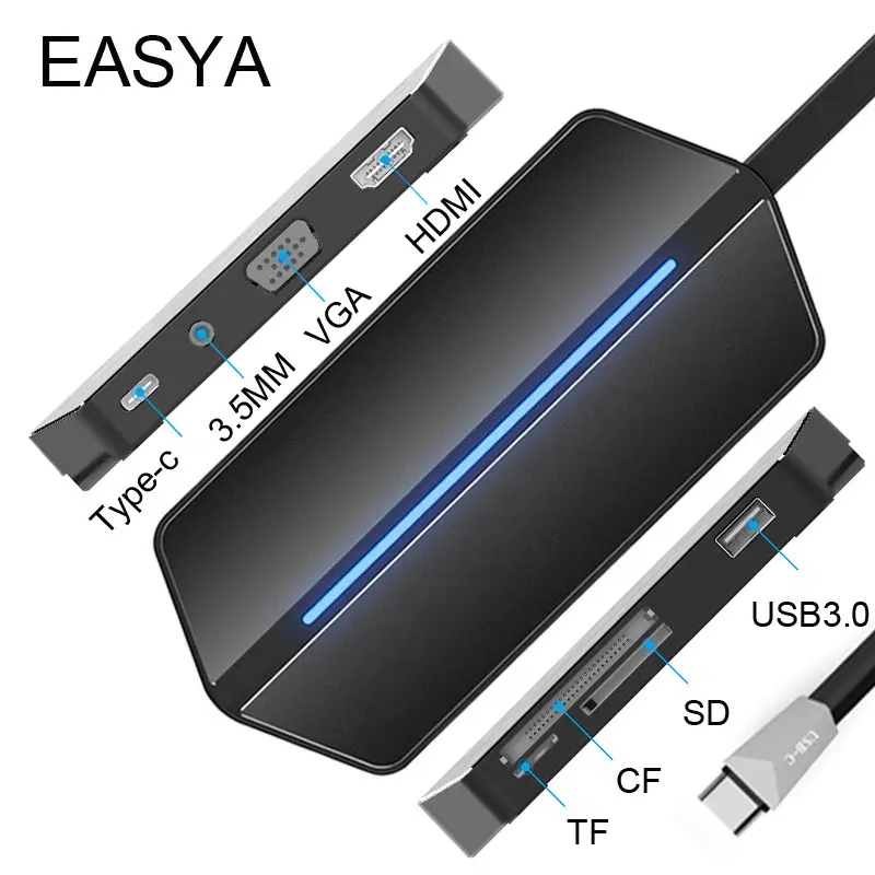 

EASYA Wholesale USB C Hub to HDMI VGA Adapter USB 3.0 Hub with Type-C PD Card Reader 3.5MM Slot for MacBook Pro 10pieces/lot