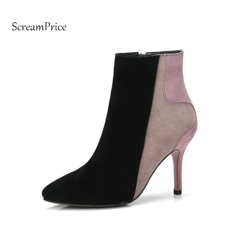

The New Suede Thin High Heel Zipper Woman Ankle Boots Fashion Pointed Toe Dress Ladies Boots Gray Pink