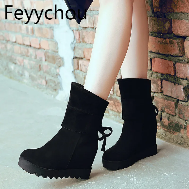 

Women Boots Autumn Winter Med Heel Warm Plush Flock Mid Calf Lace Up Round Toe Wedges Platform Snow Shoes 2018 New Fashion Black