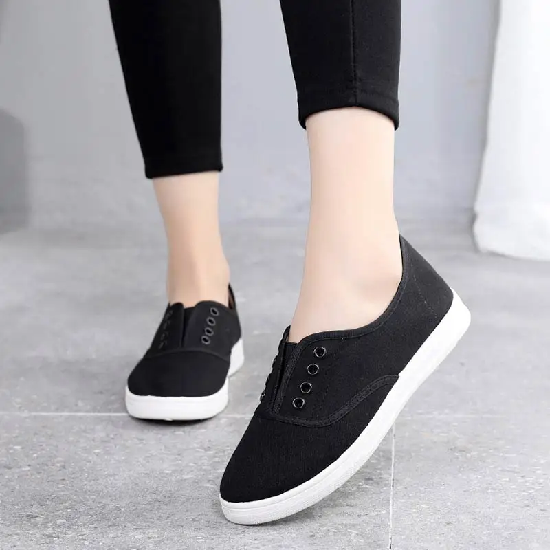 Adult canvas casual shoes woman flats solid comfortable flat with sneakers women shoes slip-on ladies shoes women sneakers - Color: black 213