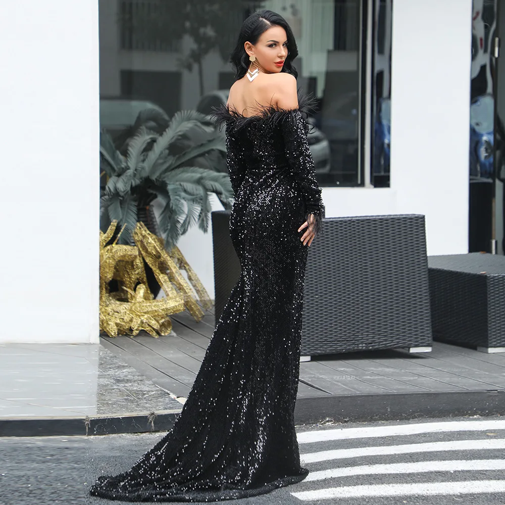 

Fashion Backless Strapless Slash Neck Sequined Feathers full Dress Evening Party Celebrity Sexy Women Body Con Dresses Wholesale