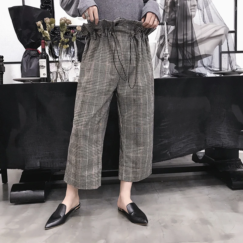 

MIXCUBIC 2018 Autumn England style retro High waist drawstring grid harem pants men casual plaid Bud Pants men trouser,M-XXL