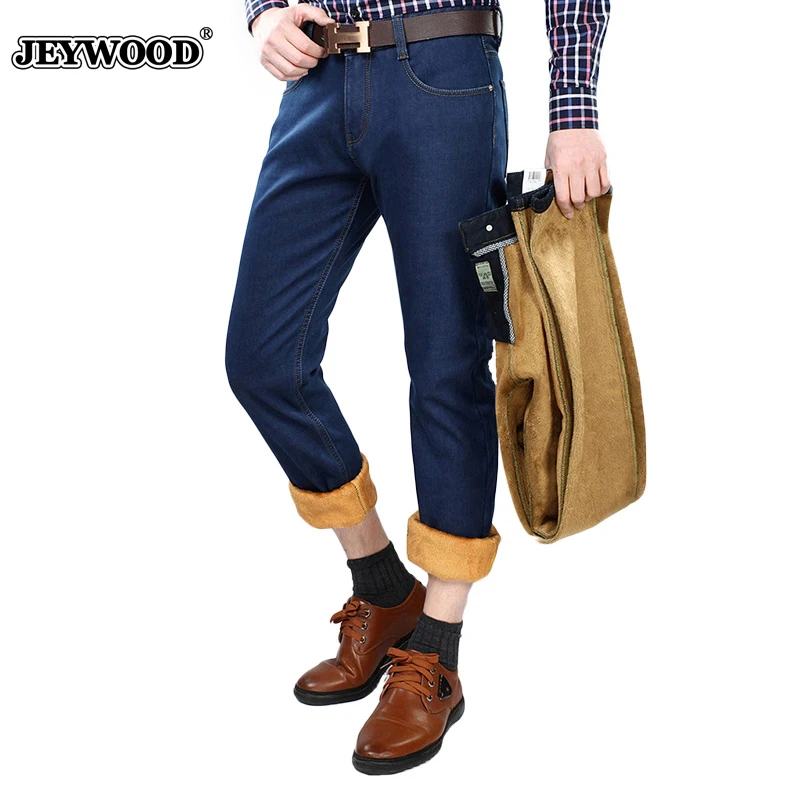 JEYWOOD Mens Winter Fleece Jeans Classic Stretch Warm Flannel Denim Pants Elastic Male Designer Men's Trousers | Мужская одежда