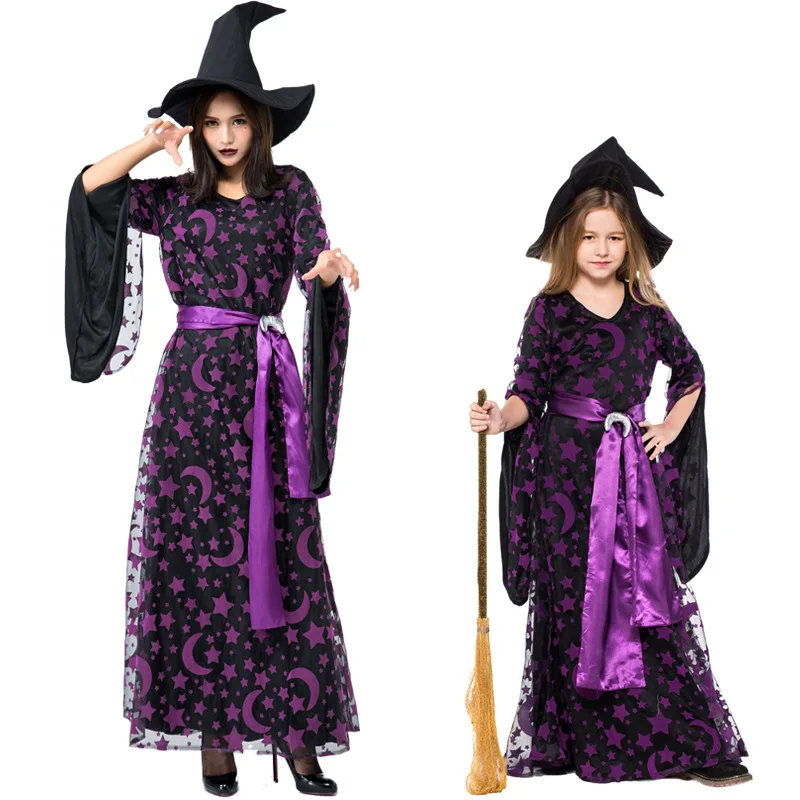 Звезда Луна сексуальный костюм ведьмы Делюкс взрослых женщин волшебный момент костюм мать для маленьких девочек ведьма Хеллоуин платье +