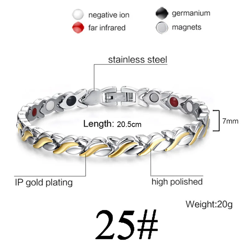 Для женщин и мужчин, забота о здоровье, германий, магнитный браслет для артрита и карпального туннеля, 316L, нержавеющая сталь, терапевтические браслеты - Окраска металла: Gold Silver 25