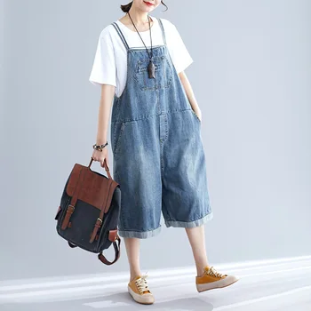 

Women Cowboy Strap Skirt Female 2019 Summer Literary Large Size Women's Washed Retro Strap Denim Wide Leg Pants