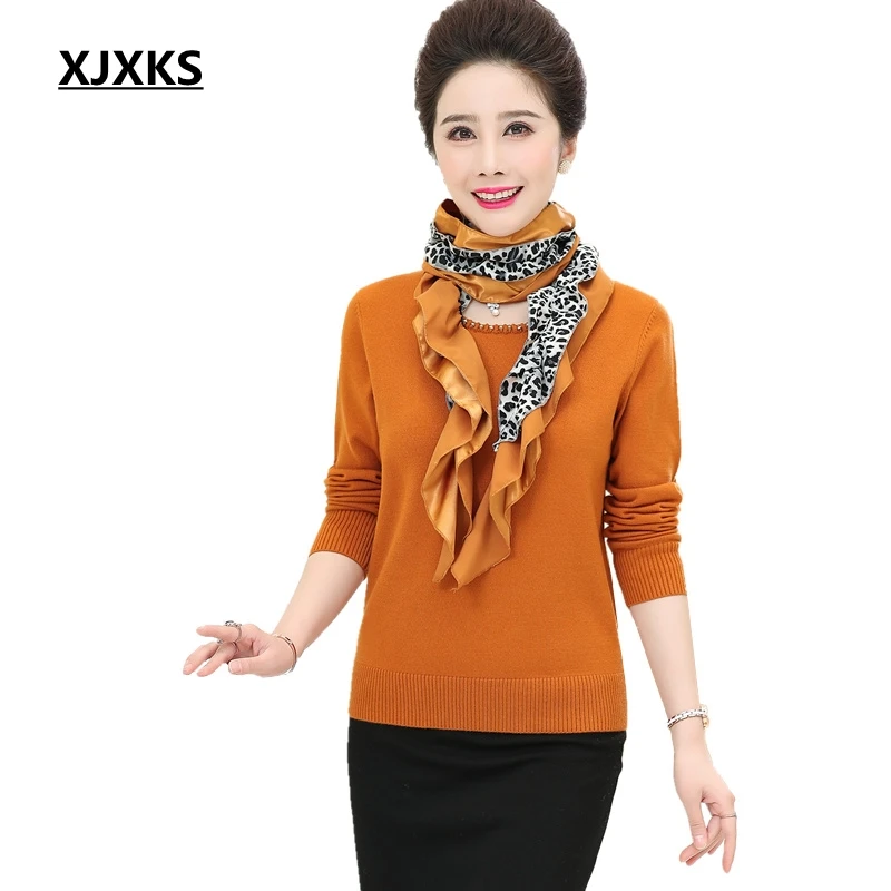 

XJXKS Women Sweaters And Pullovers High Quality Anti-pilling Fiber Knitwear Plus Size Sweater Women Jumper With Scarf