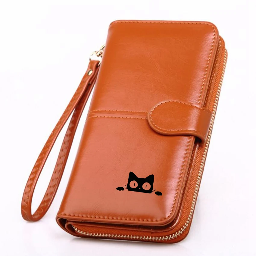 Surprise Cat Peeking Custom Engraved Leather Wallet Female Coin Purse Phone Pocket Long Wallets ...