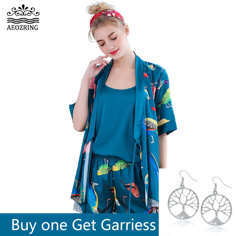

AEOZRING Womens Pajama Sets Elegance 3pcs Silk Pajamas Sleepwear Sets Shorts Robe Sets Sleep Shirt Big Sexy Pajamas