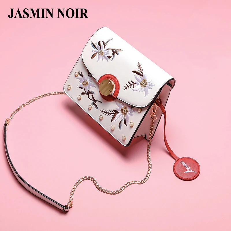 Summer New Pu Leather Women Chain Beach Bag Pearl Flower Female Corss Body Bag Lady Embroidered