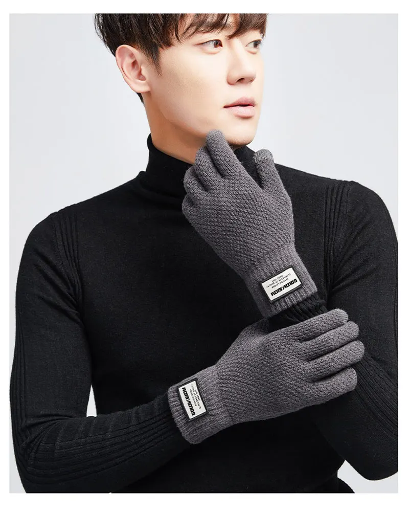 Зимние осенние теплые мужские вязаные перчатки, гибкие перчатки на полный палец, мужские утолщенные шерстяные кашемировые однотонные перчатки для смартфонов и планшетов