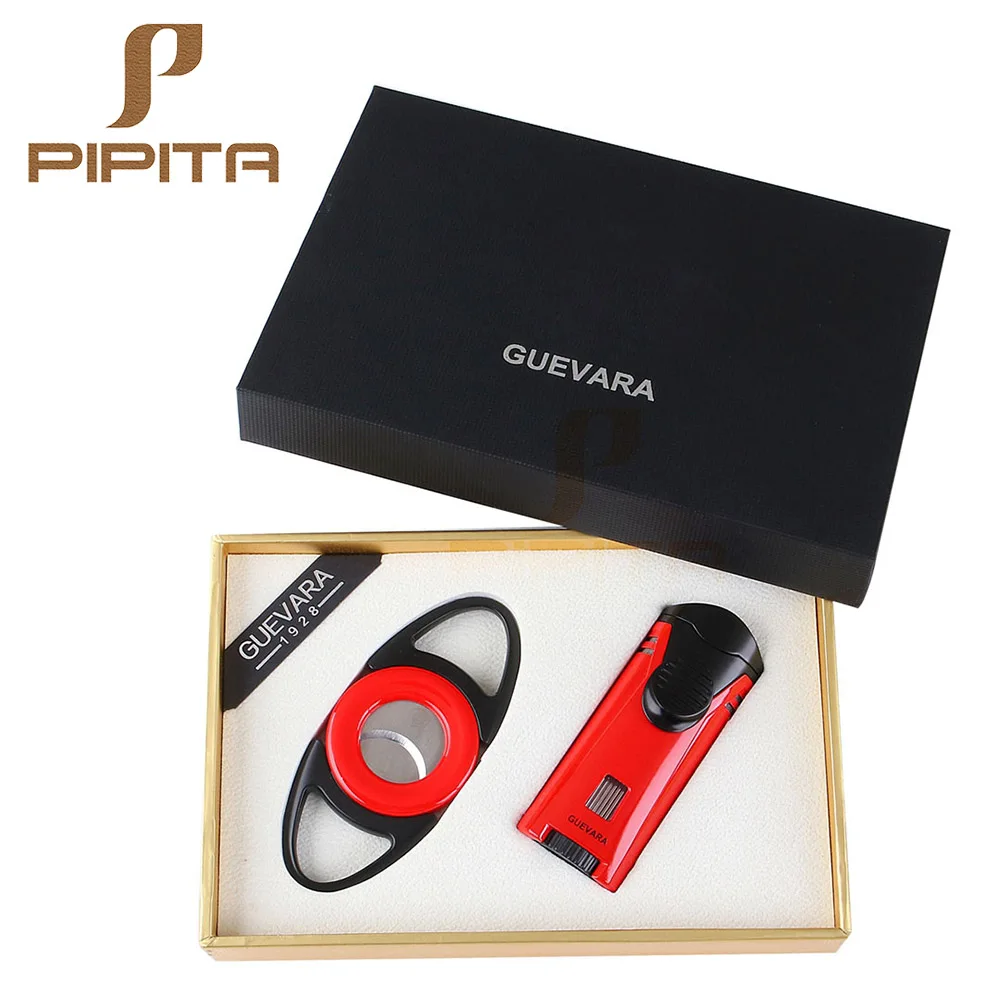 

GUEVARA Cigar Lighter Cutter Set Torch Jet Flame Lighter Double Cigar Knife Gas Cigarette Lighter Cigars Set With Nice Gift Box