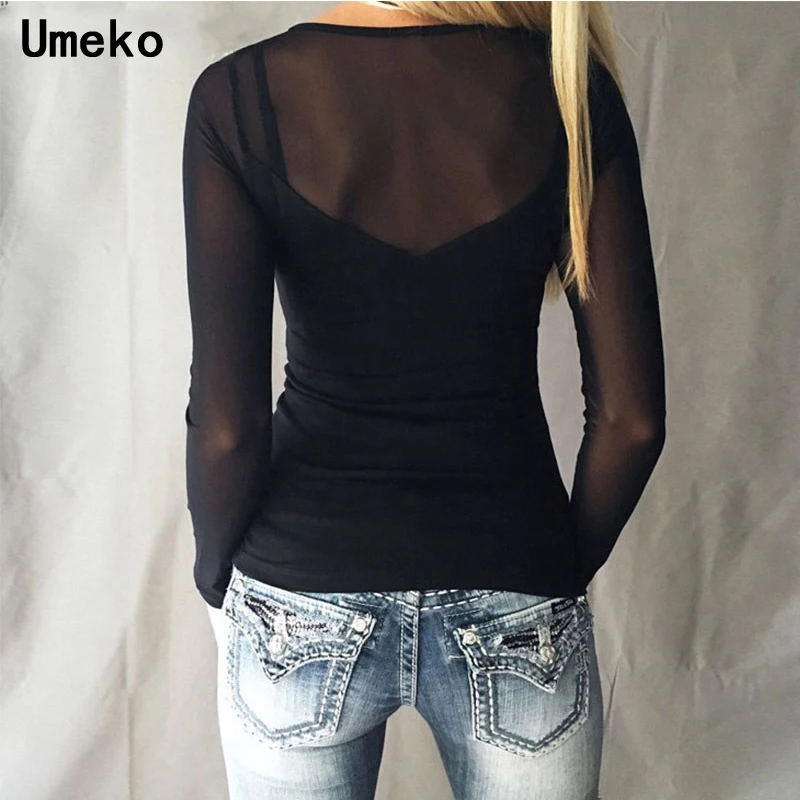  Umeko 2019 Elegant Sexy See-through Women Black Mesh Long Sleeve Bodycon Ladies Plus Size Tops Fema