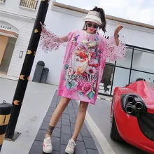 Летние Большие размеры женские платье тайский Чао бренд мультфильм шаблон шить футболка с длинным рукавом платье